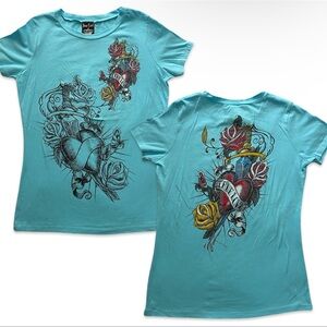 Y2K Grunge Rhinestone Blue Shirt Womens Size M